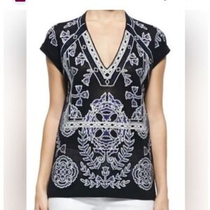 TORY BURCH Jory Lightweight Short Sleeve Knit Sweater Navy Blue Size Small